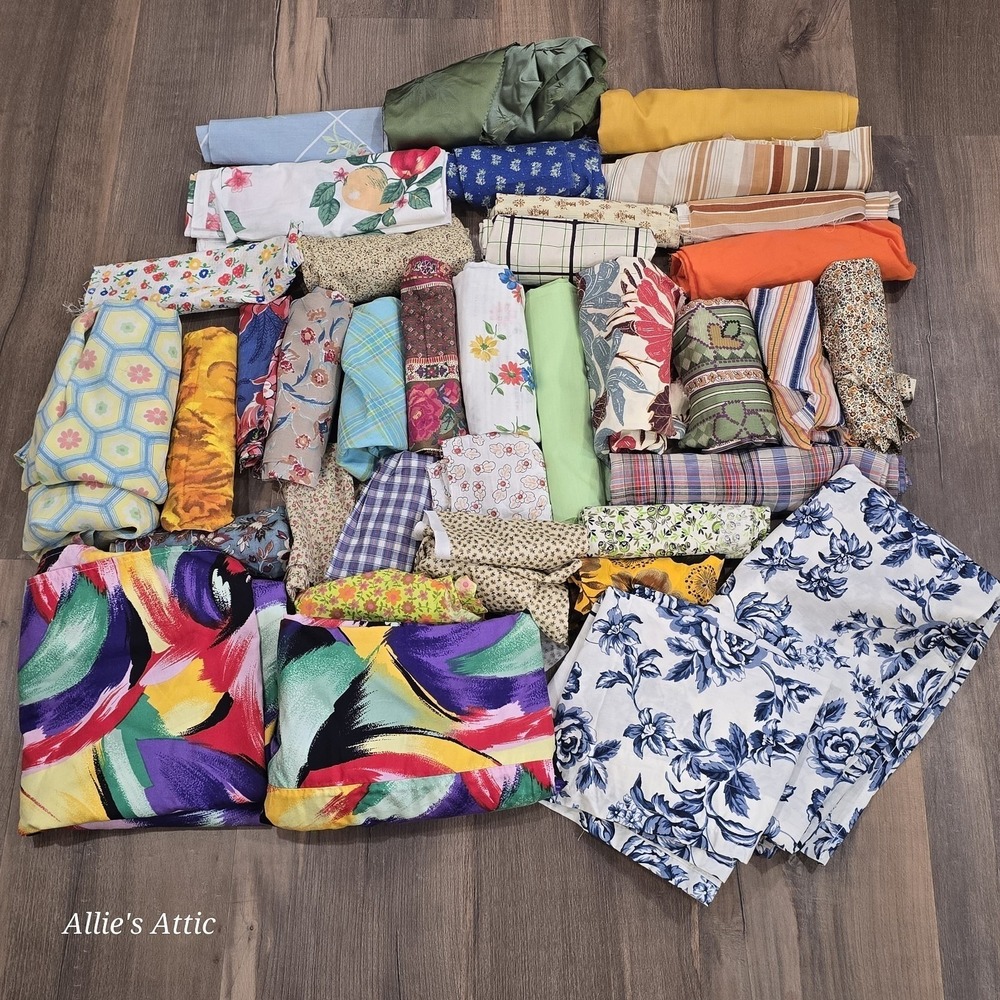 Huge Sewing Fabric Quilt‎ Scraps Floral Plaid Gingham Blue Orange Vtg Lot 30+ Yd
